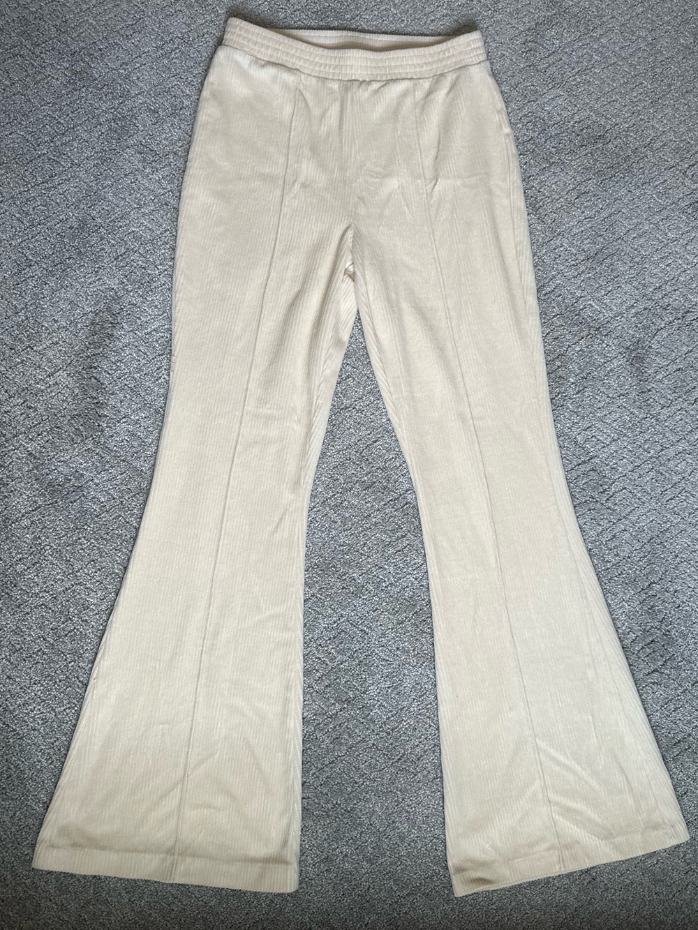 Aerie Women's Beige Ribbed Knit Flare Pants Pull-On Elastic Waist Stretch Small